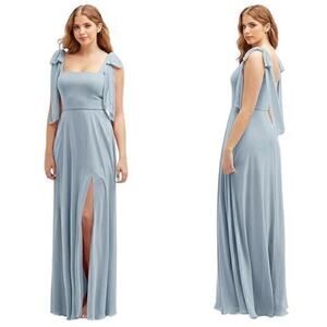 Dessy Collection Square Neck Luxe Chiffon Bow Shoulder Dress in Mist size 8R NWT